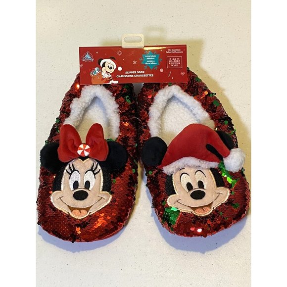 Disney Shoes - Disney Mickey and Minnie Mouse Reversible Sequins Christmas Slippers Adult 7/8
